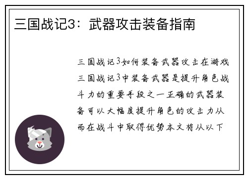 三国战记3：武器攻击装备指南